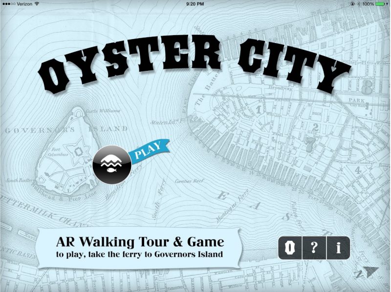 This image is pale blue, a map of Governors Island in New York City. Superimposed on the map are the black letters "Oyster City: AR Walking Tour & Game.: