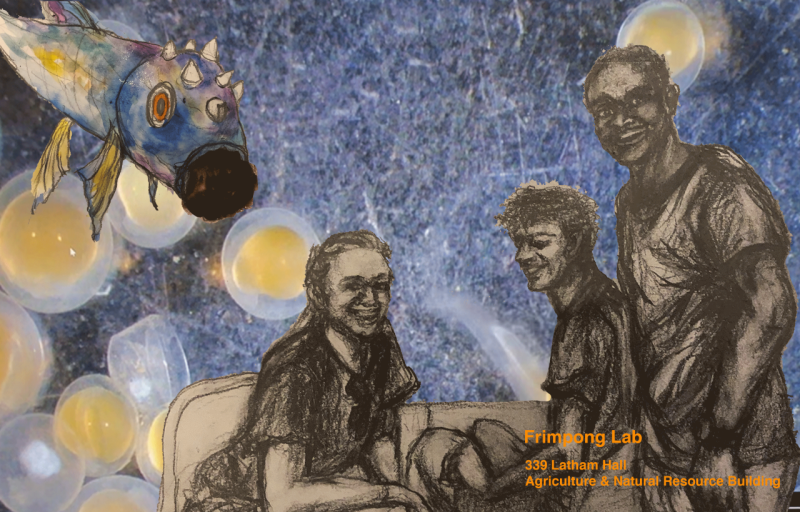 This image shows a blue toned piece of art with black-sketched people (3) and a large fish. Yellow-yolked transparent fish eggs are floating in the picture.