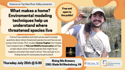 Flyer for July Science on Tap, What makes a home? Scheduled for Thursday July 25 at 5:30 PM at Rising Silo brewery in Blacksburg, Virginia.