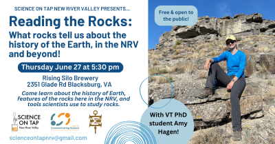 June science on tap flyer, that includes date, time, location, and photo of speaker.