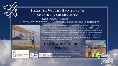 June 26, 2025 Science on Tap Flyer: From the Wright Brothers to Advanced Air Mobility: 122 Years of Flight