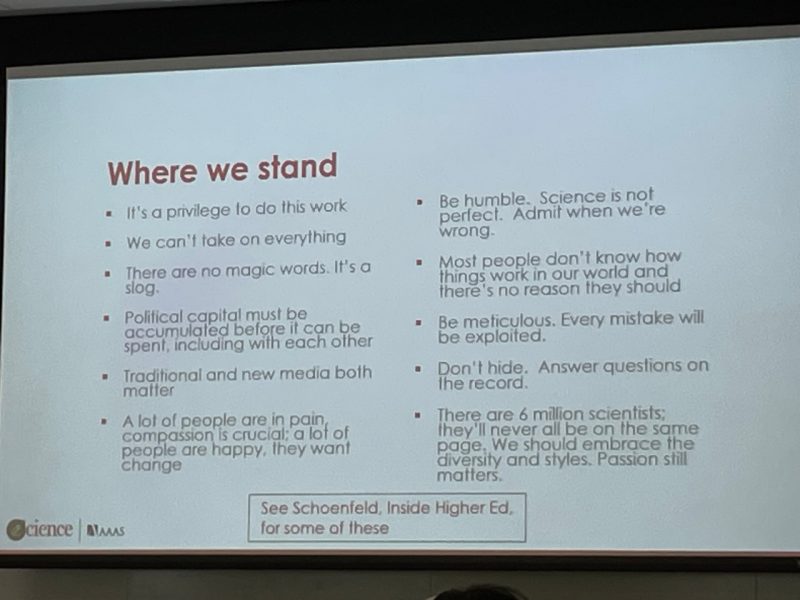 Holden Thorp lecture slide b This photo shows a lecture slide with the words "Where we stand" and 11 bullet points beneath.
