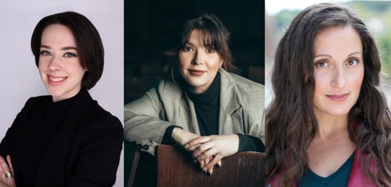 Three photos side by side; the first of a person with short brown hair, blue eyes, and wearing all black; the second a woman with brown hair, bangs, a black shirt and a grey/green blazer jacket, and the third a woman with long brown hair, a black shirt, and a red leather jacket.