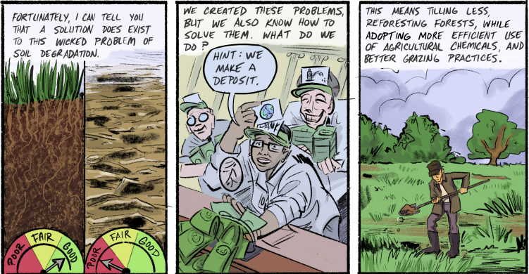 A picture from Dr. Berhe's comic strip that shows in illustration  different ways we can help our soil health and thus help our planet and the effects of climate change. 