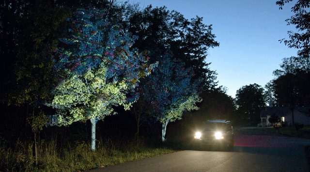 A dark car with its headlights on passes by tall trees with red in the leaves at night. 