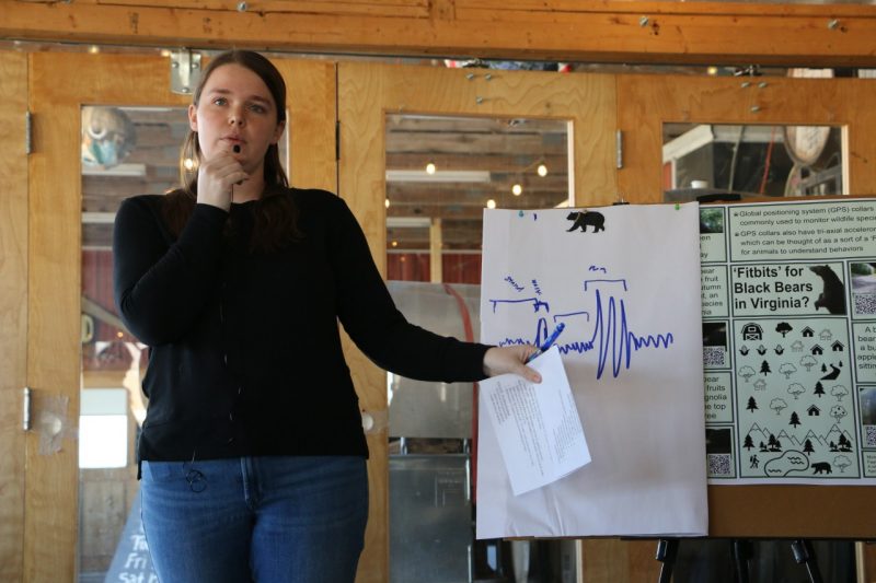 Holcombe speaks into a microphone and points at a handwritten chart on her left. The chart demonstrates the output of the bears' "FitBit."