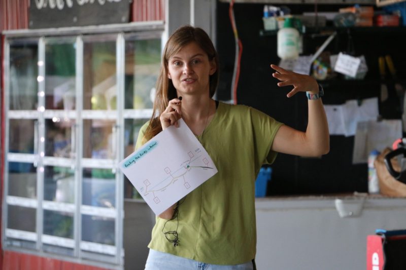 This photo shows a woman explaining an activity by showing the document participants will use. 
