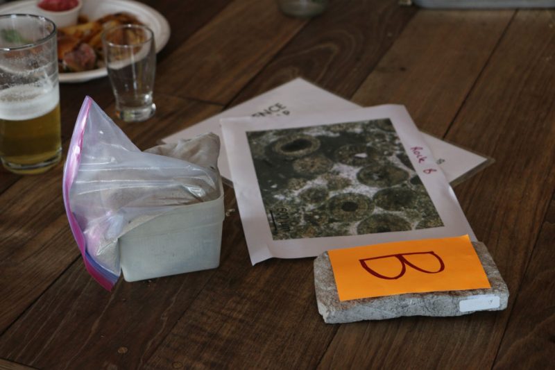 This photo shows an ooid and fossil grainstone and a print of a thin section participants were given to study.