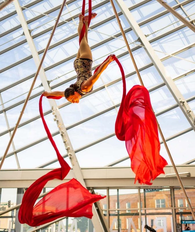 A young woman in a black and gold outfit holds a yoga pose in red aerial silks.