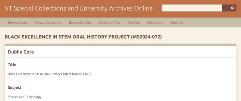 Image contains screenshot of landing page for the Black Excellence in STEM Oral History Project landing page in the Virginia Tech archives.