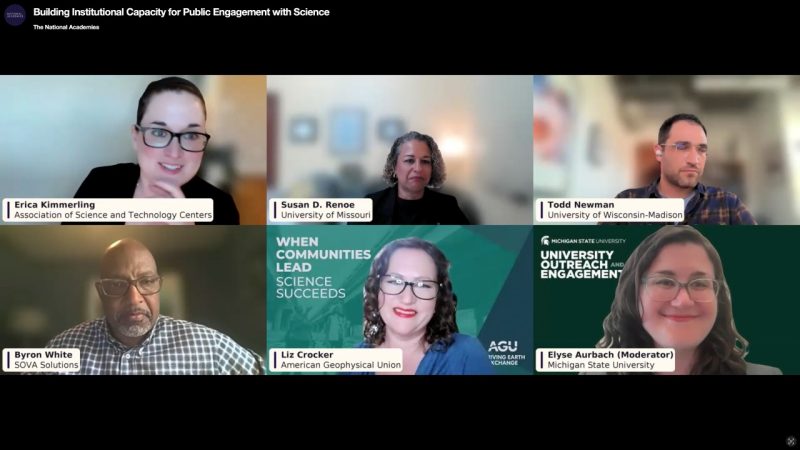 The image contains a screenshot of the panel during their discussion, consisting of a picture of 5 panelists and one moderator on one screen.