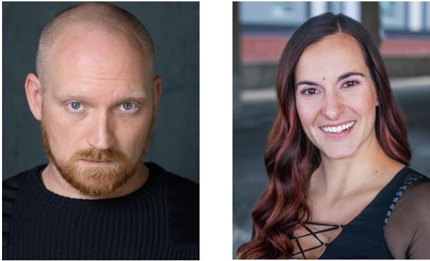 This image shows two photos side by side, one of a white male with a shaved head, blue eyes, and a reddish beard, and the other of a white woman with long dark hair and dark eyes.