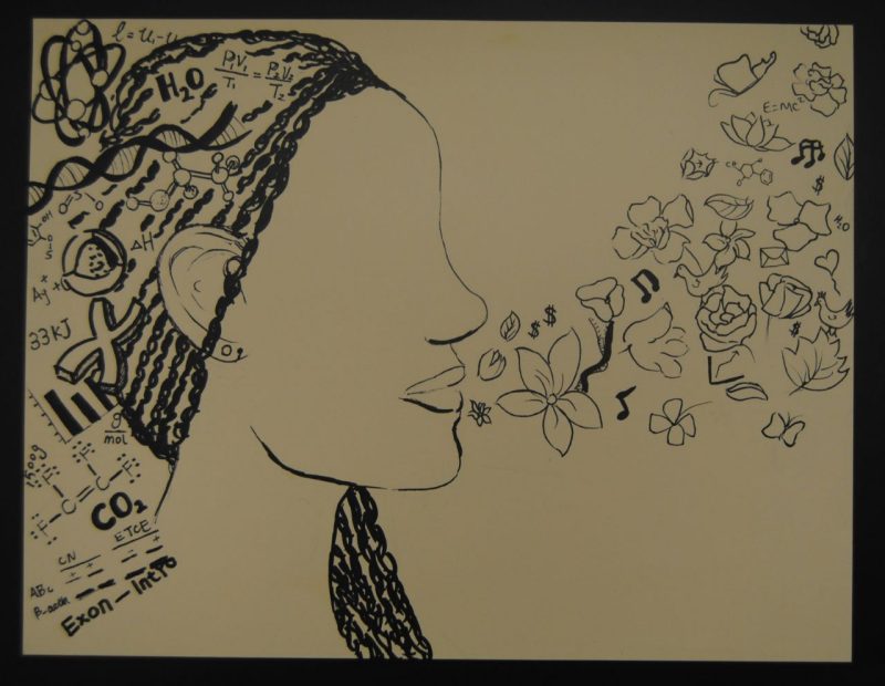 Dez-Ann Sutherland, animal and poultry sciences graduate student, painted a woman's head covered by cornrows and filled with "scientific knowledge" in the form of equations  and images. Out of the woman's mouth, in contrast, is flowing images of butterflies, flowers, leaves, musical notes/