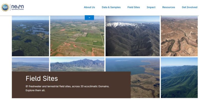 This photo is a screenshot of a website. It shows an array of 8 different ecosystems with the words "Field Sites."