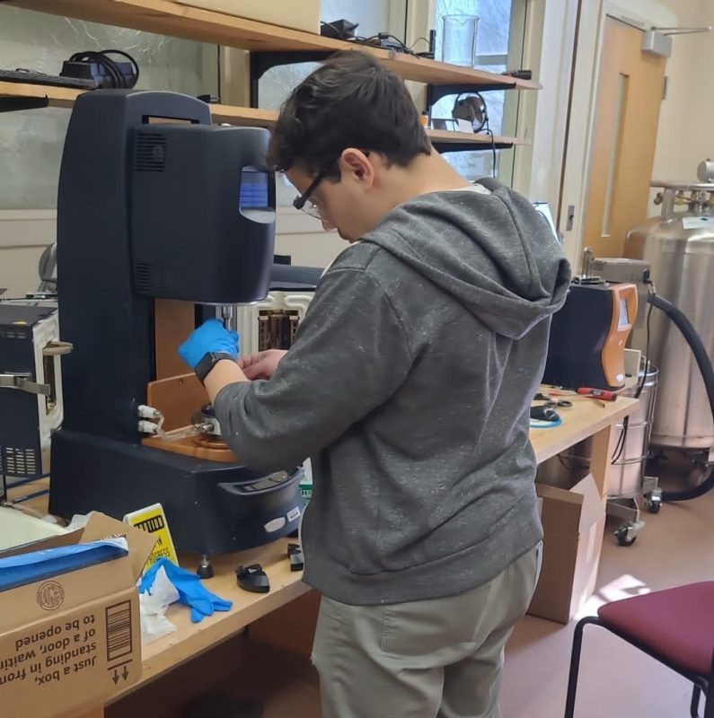 Rheology Daniel Heinze uses a rheometer to measure the flow behavior of his polymer samples.