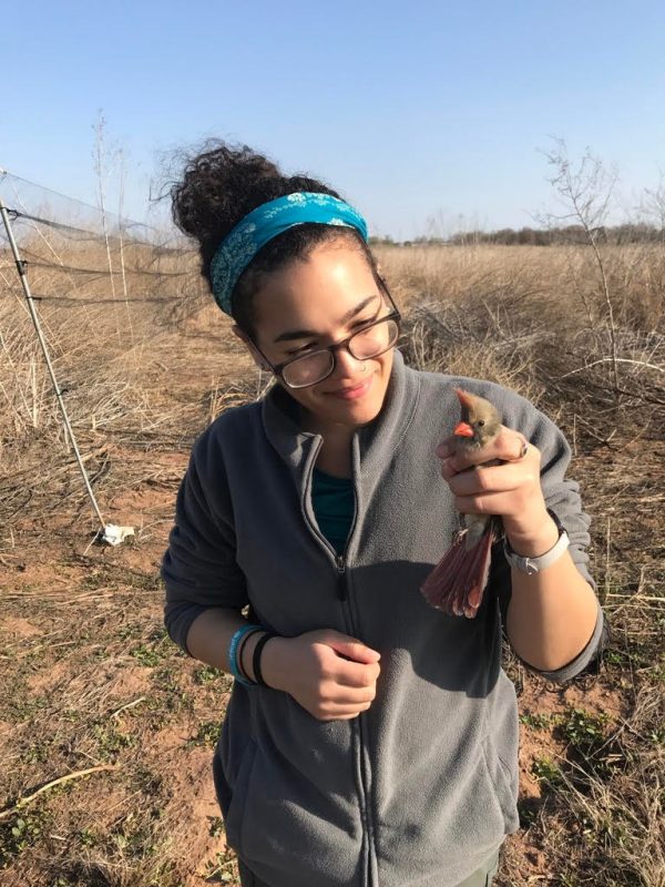 This photo shows a young woman with light brown skin, black hair with a blue bandana headband, glasses, and a gray jacket. She is standing in an arid landscape and holding a female cardinal in one hand.