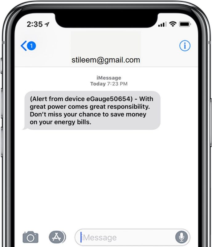 This image shows a cell phone screen with a text message that reads "With great power comes great responsibility. Don't miss your chance to save money on your energy bills."