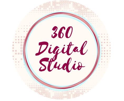 This image shows a maroon/pink circle on a circular background of small pale pink squares. Inside the circle, script reads "360 Digital Studio."