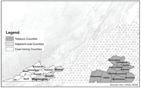 This image is a map of Virginia showing the coal-mining counties in the far southwest corner of the state, Lee, Scott, Wise, Dickenson, Russell, Tazewell, and Buchanan; the adjacent-coal counties, Washington, Smyth, and Bland; and the tobacco counties in the central-eastern south part of the state, Buckingham, Cumberland, Amelia, Prince Edward, Pittsylvania, Halifax, Charlotte, Mecklenburg, Lunenburg, Brunswick, and Nottoway.