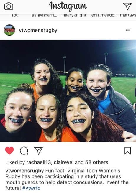 This image shows an Instagram post, a photo of 6 women rugby players, all smiling and showing dark-colored mouthguards. 