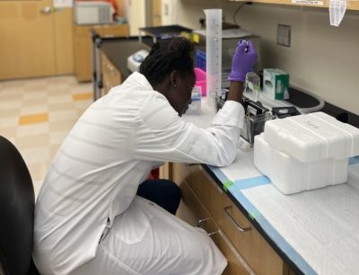 Tee in her lab coat with a pipette in her hand, performing a Western blot.