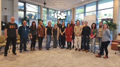 This photo shows 16 workshop participants from Aberystwyth University posing for a group photo. 