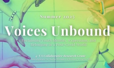 Image contains a flyer with hands forming a circle around the name of the program "Voices Unbound: reclaiming youth identity, expression, and belonging in a post-Covid world."