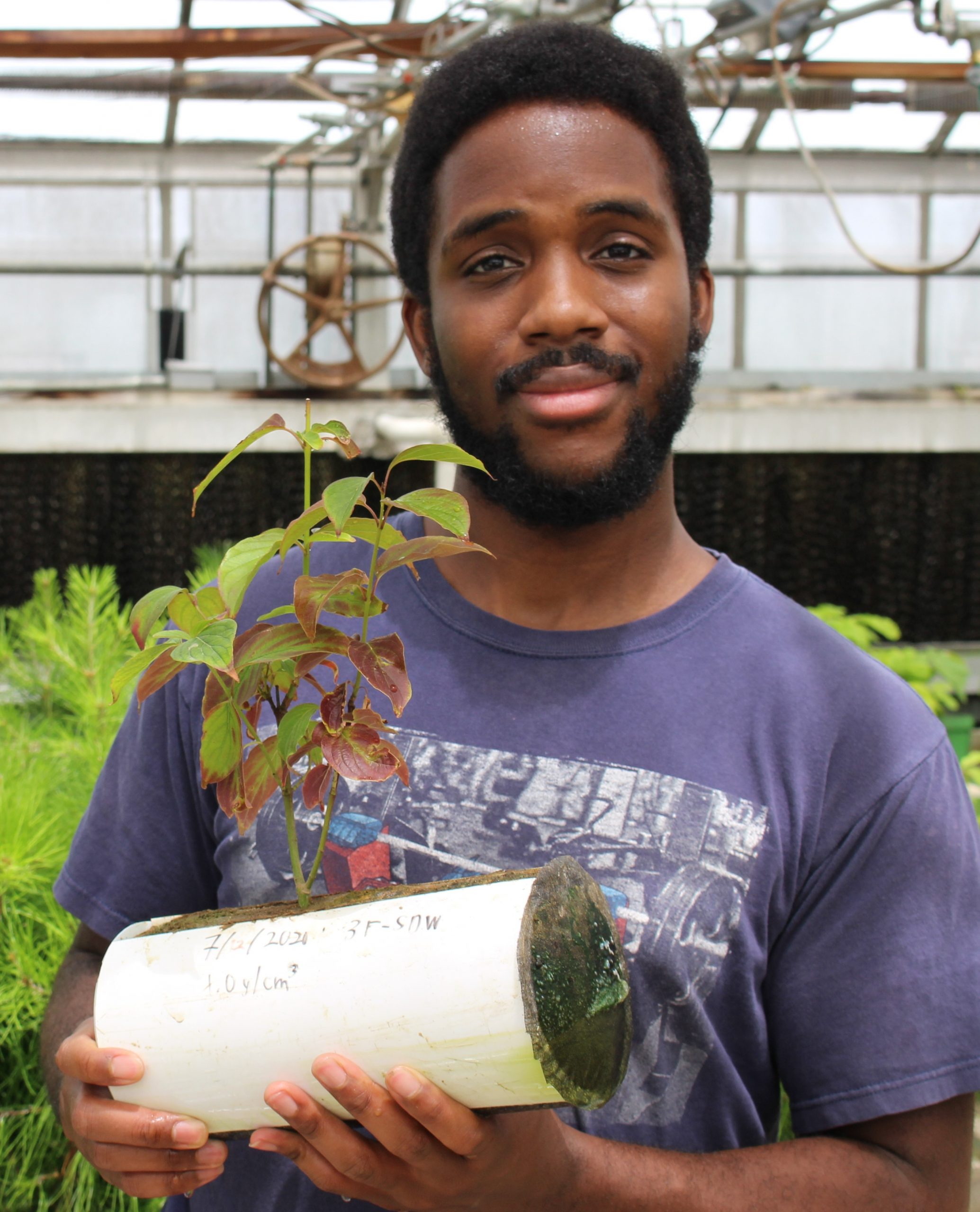 A young African-American man in a purple shirt, holding a white capsule-like item with a plant growing out of it. There is a greenhouse filled with an abundance of plants in the background.