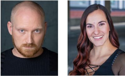 This image shows two photos side by side, one of a white male with a shaved head, blue eyes, and a reddish beard, and the other of a white woman with long dark hair and dark eyes.
