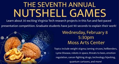 This image shows yellow lettering on a deep blue background. The lettering reads "The seventh annual Nutshell Games. Wednesday, February 8, 5:30 pm, Moss Arts Center."