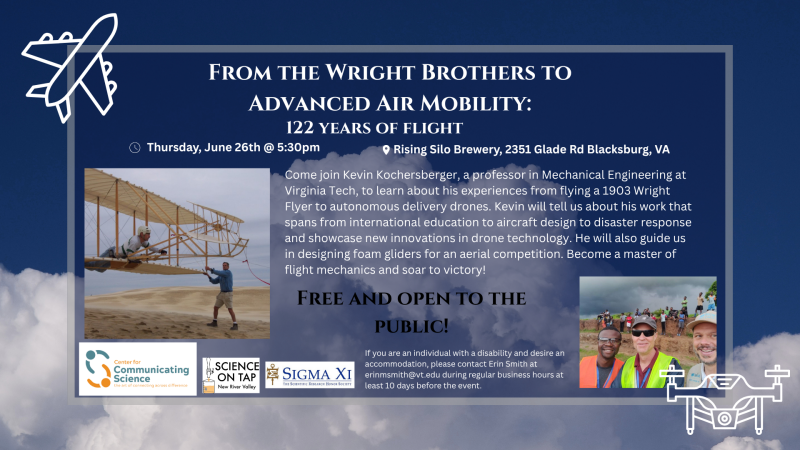 June 26: Science on Tap: "From the Wright Brothers to Advanced Air Mobility: 122 Years of Flight.," flyer.